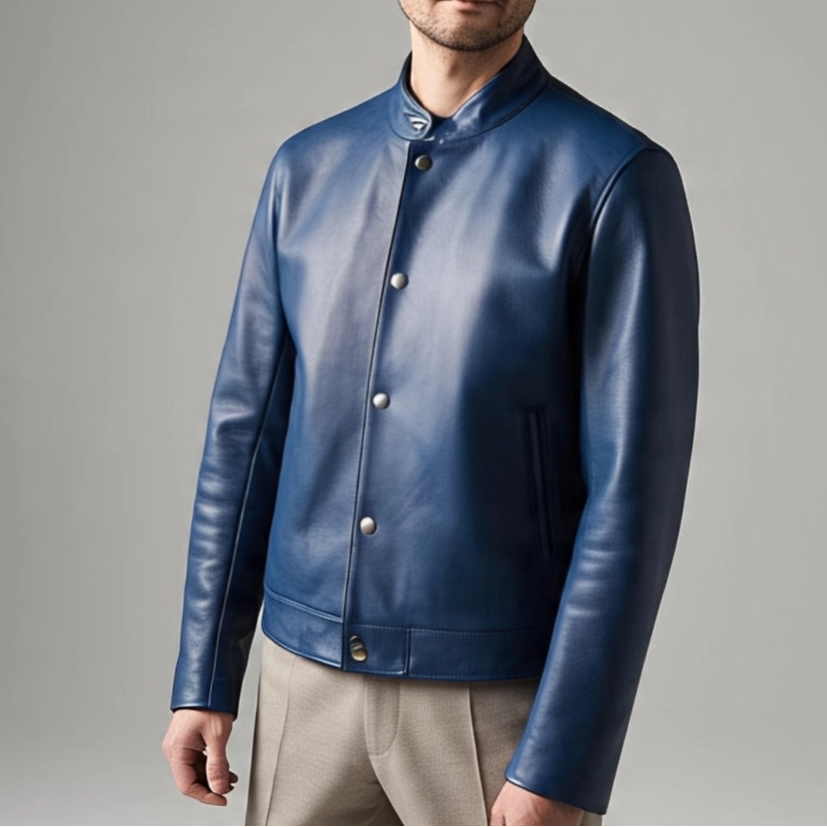 Simple Blue Leather Jacket | Button Closure