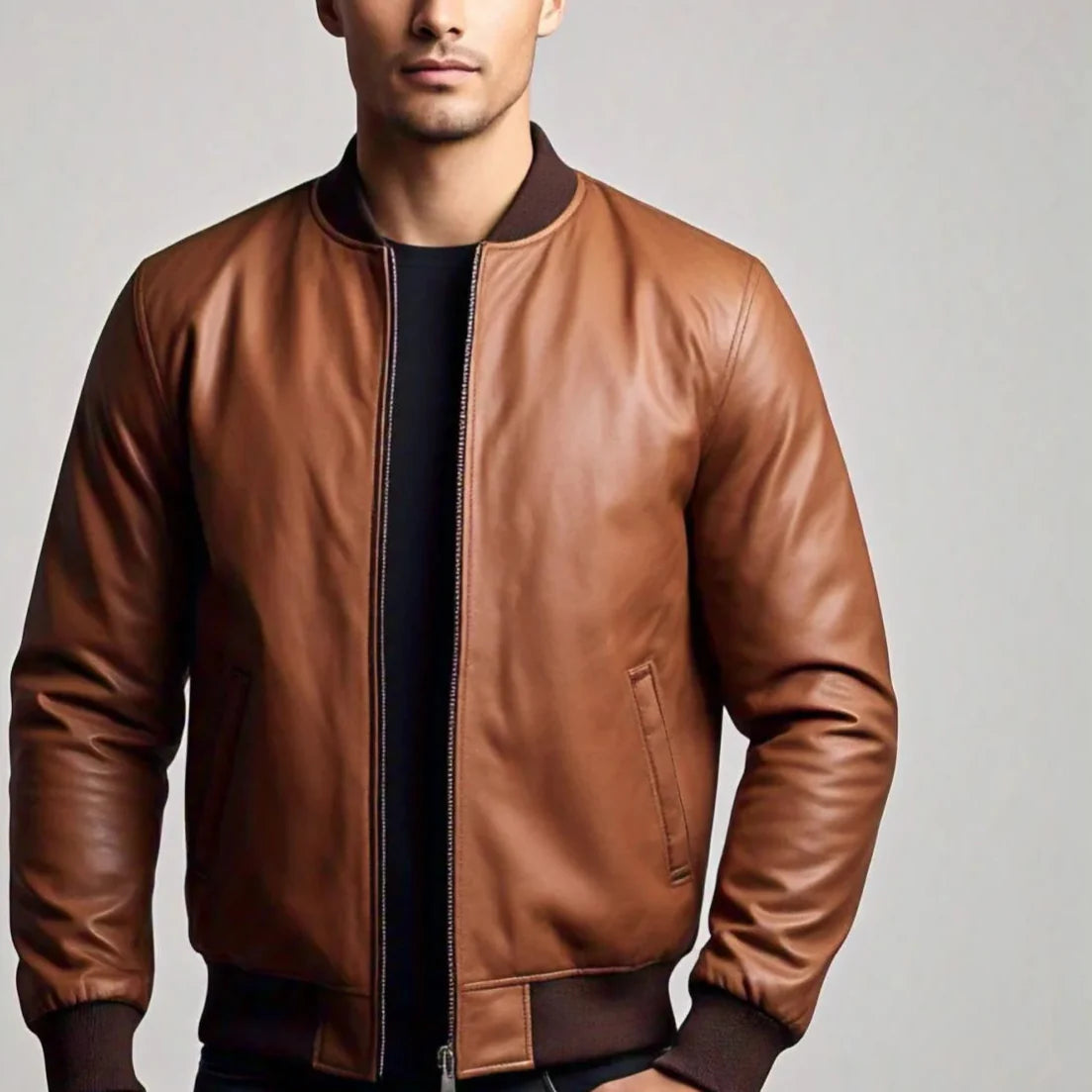 Men's Matte Brown Leather Bomber Jacket | Simple Pockets
