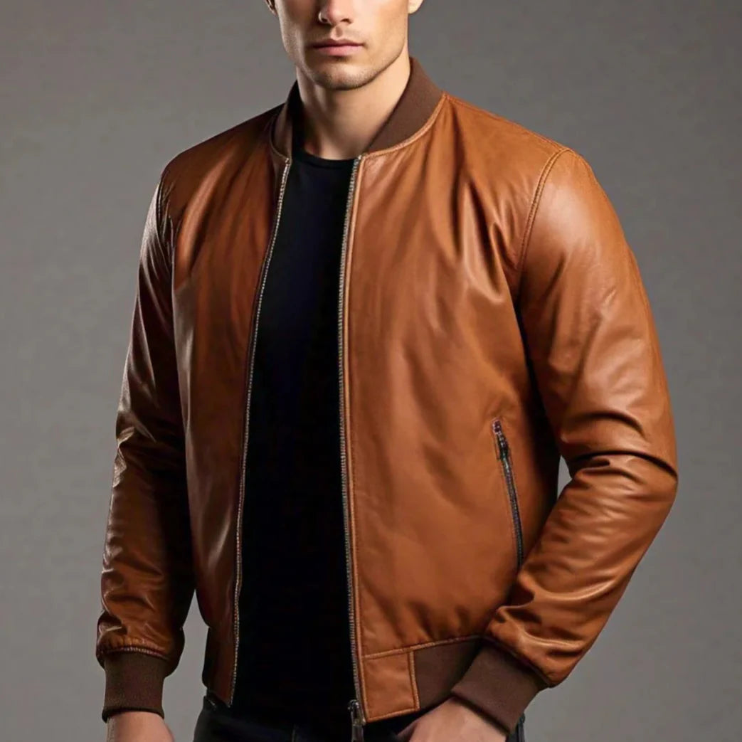 Men's Brown Leather Bomber Jacket | Zipper Pockets