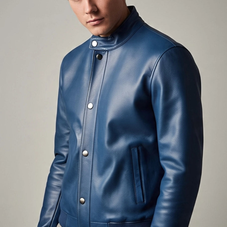 Simple Blue Leather Jacket | Button Closure