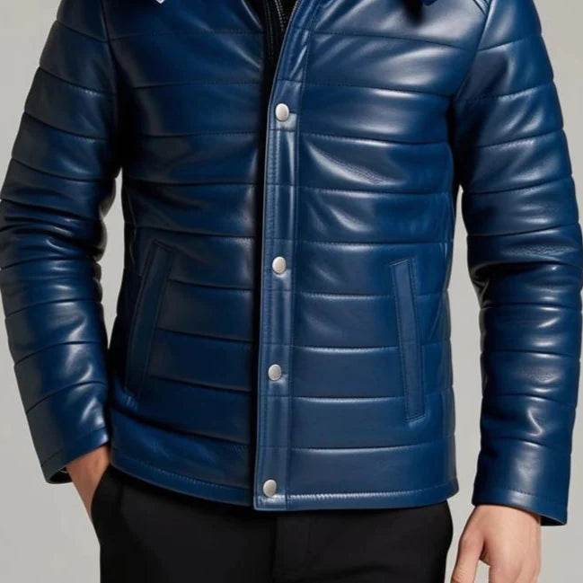 Blue Hooded Premium Leather Puffer Jacket - Leathers Wear