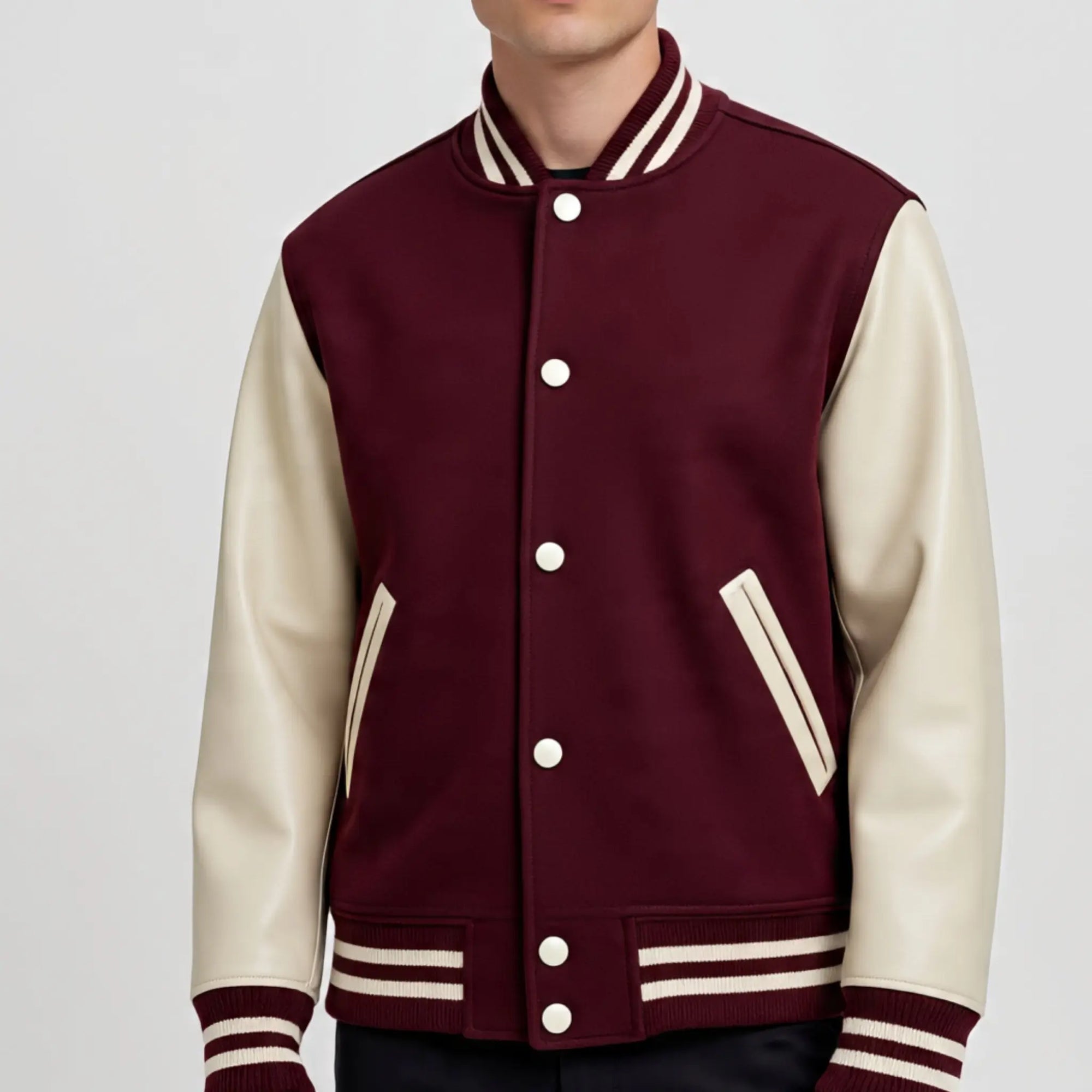Maroon and cream varsity jacket on a plain background