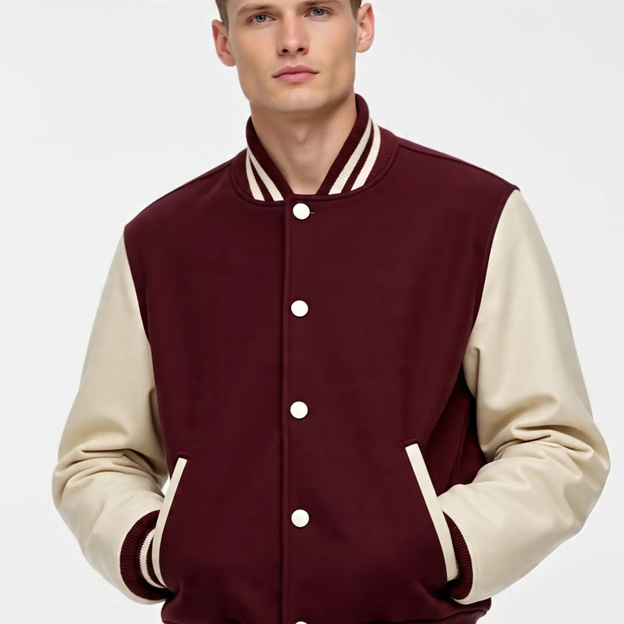 Man wearing a maroon and beige varsity jacket on a white background