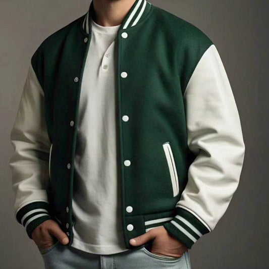 Dark Green and White Unisex Letterman Jacket | Premium Wool and Leather - Leathers Wear