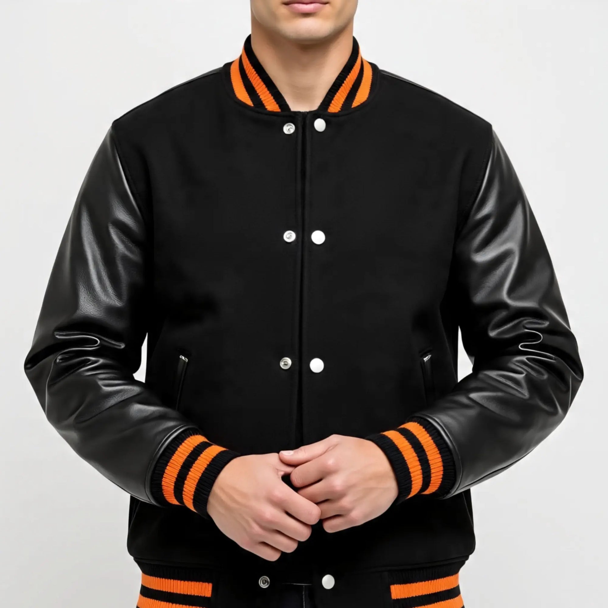 Men's Black Varsity Letterman Jacket with Orange Stripes | Premium Wool and Leather