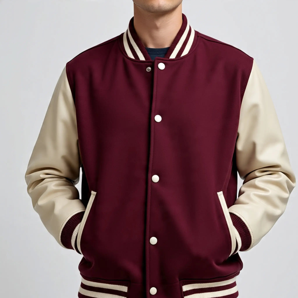 Maroon and cream varsity jacket on a plain background