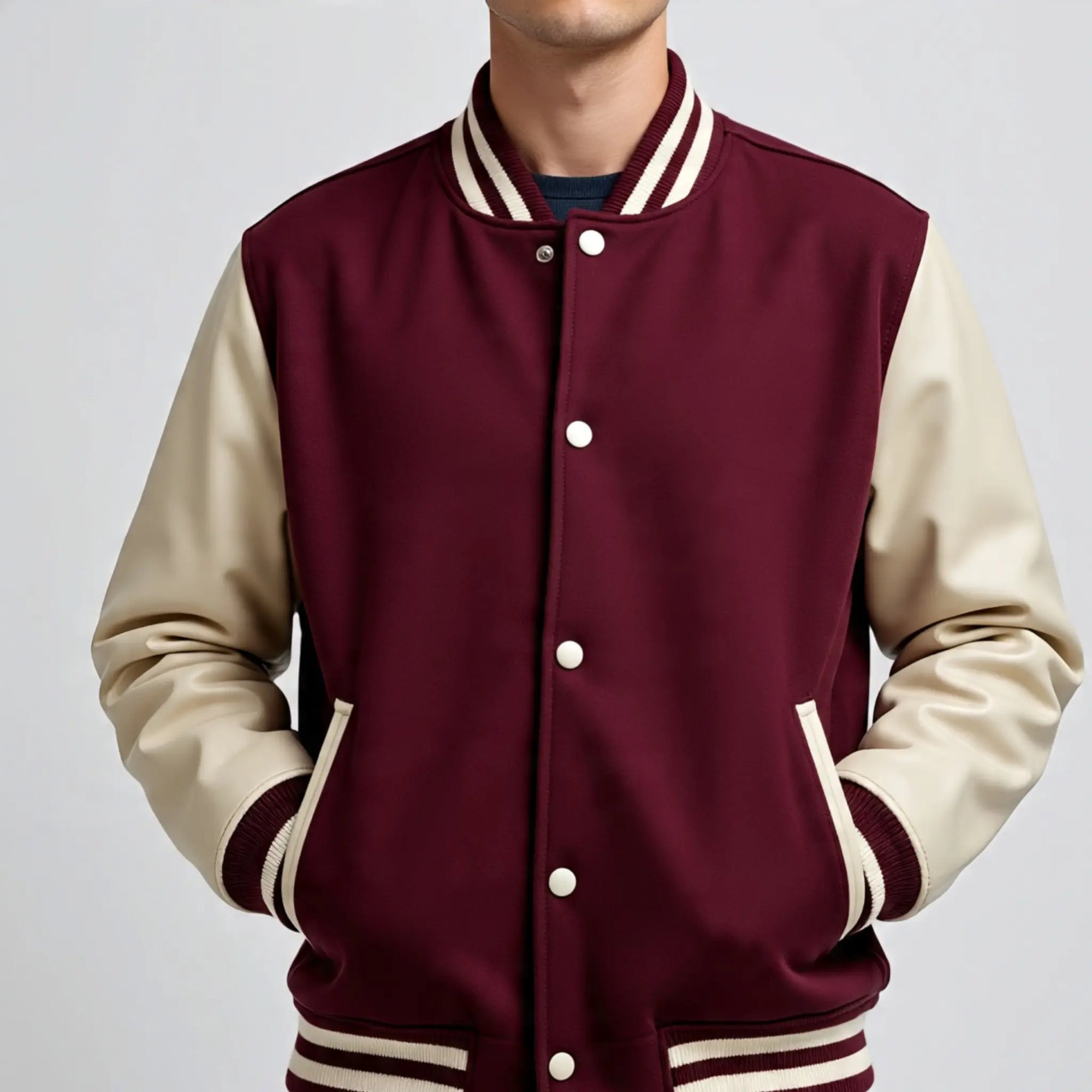 Maroon and cream varsity jacket on a plain background