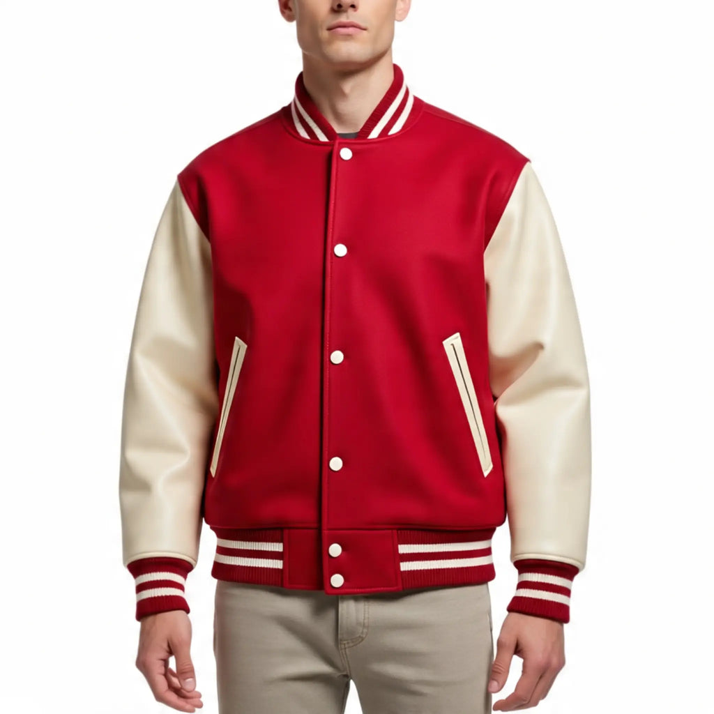 Red and cream varsity jacket worn by a person on a white background