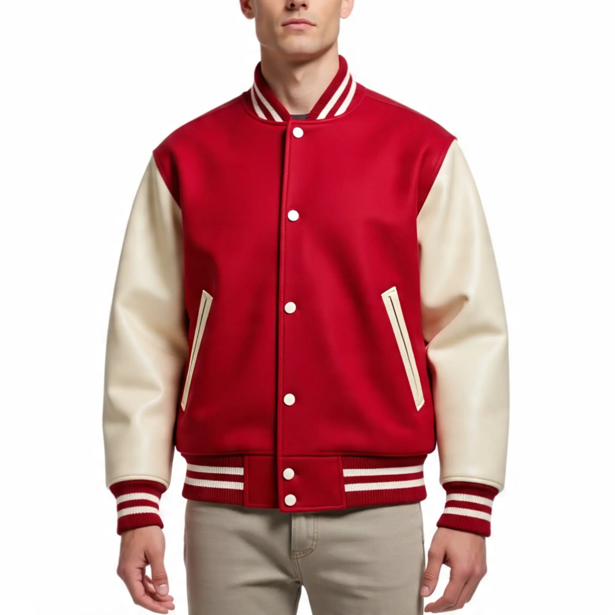 Red and cream varsity jacket worn by a person on a white background