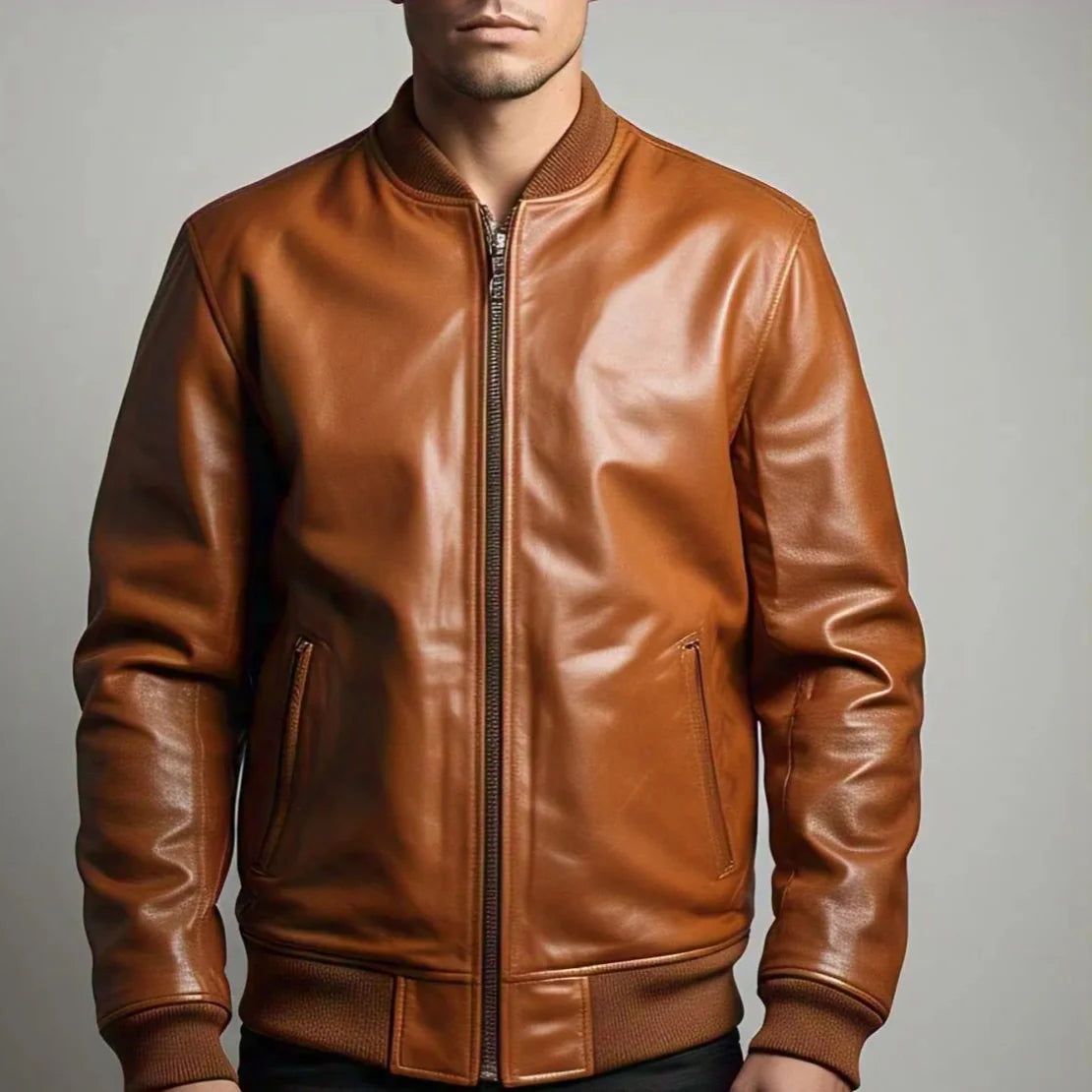 Men's Tan Brown Leather Bomber Jacket