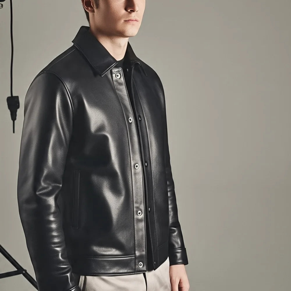 Men's Black Leather Jacket | Simplicity | Button Closure