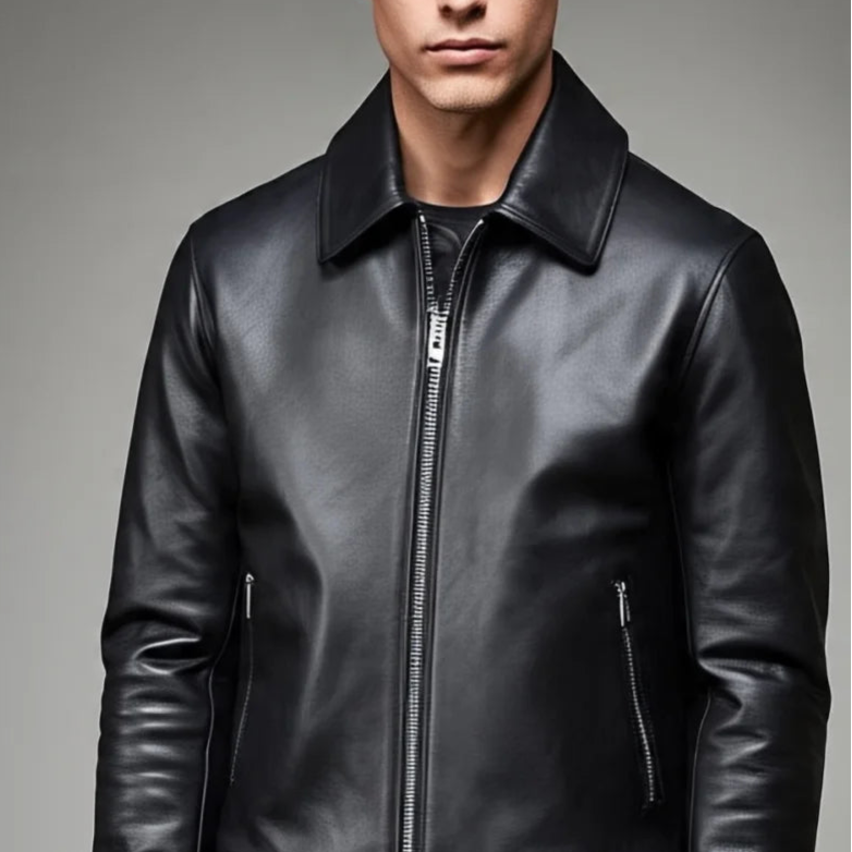 Men's Simple Black Leather Jacket | Zipper Closure
