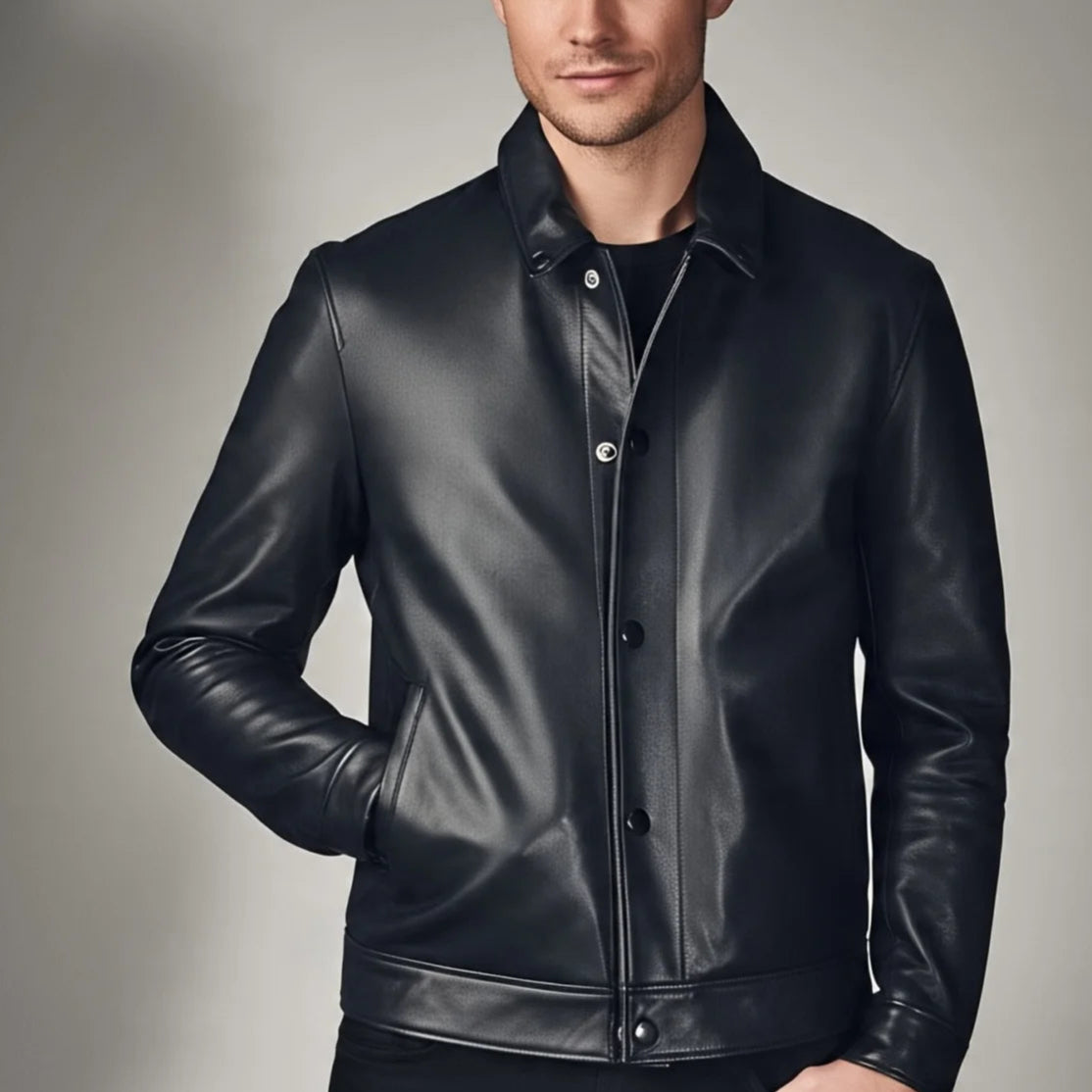 Men's Black Leather Jacket | Simplicity | Button Closure