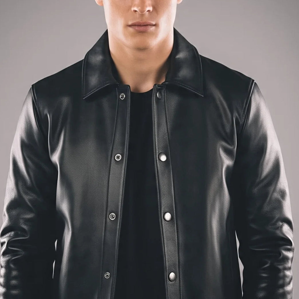 Men's Black Leather Jacket | Simplicity | Button Closure