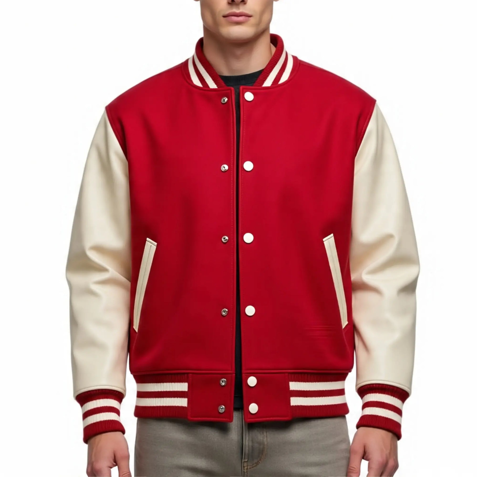 Red and cream varsity jacket worn by a person on a white background