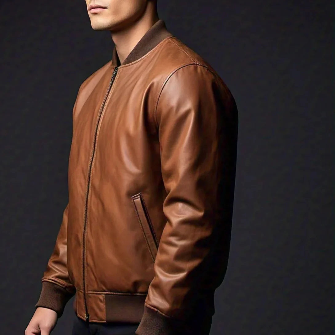 Men's Matte Brown Leather Bomber Jacket | Simple Pockets