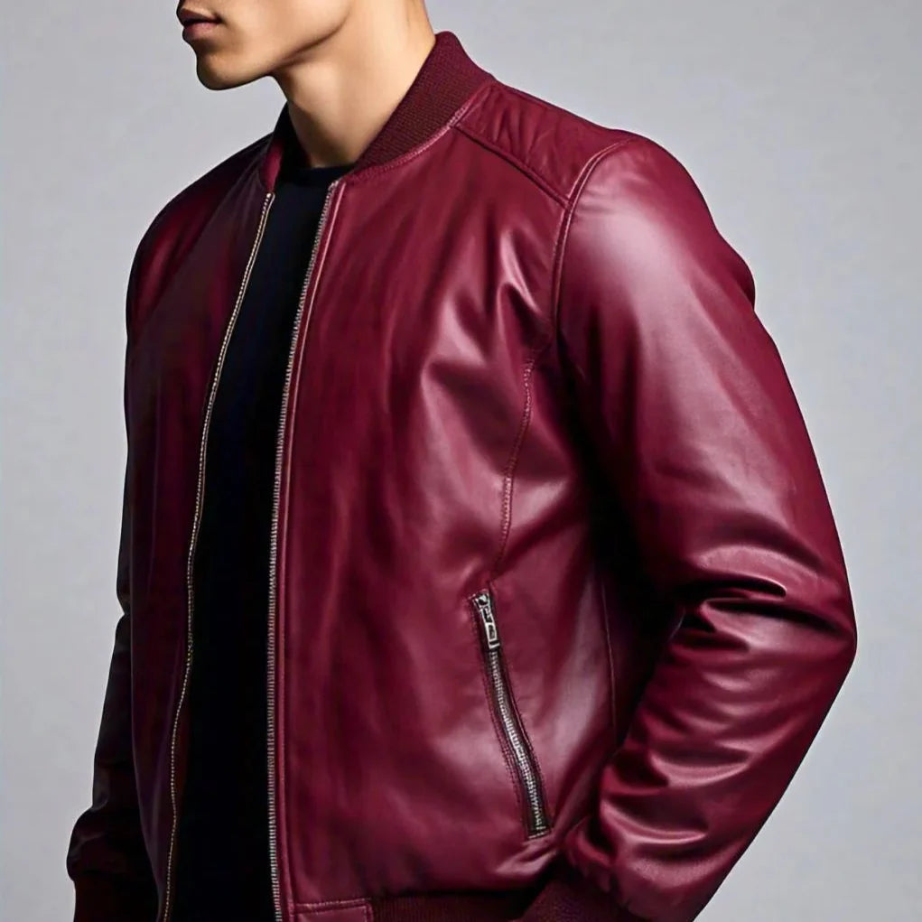 Men's Burgundy Leather Jacket with Zippered Side Pockets