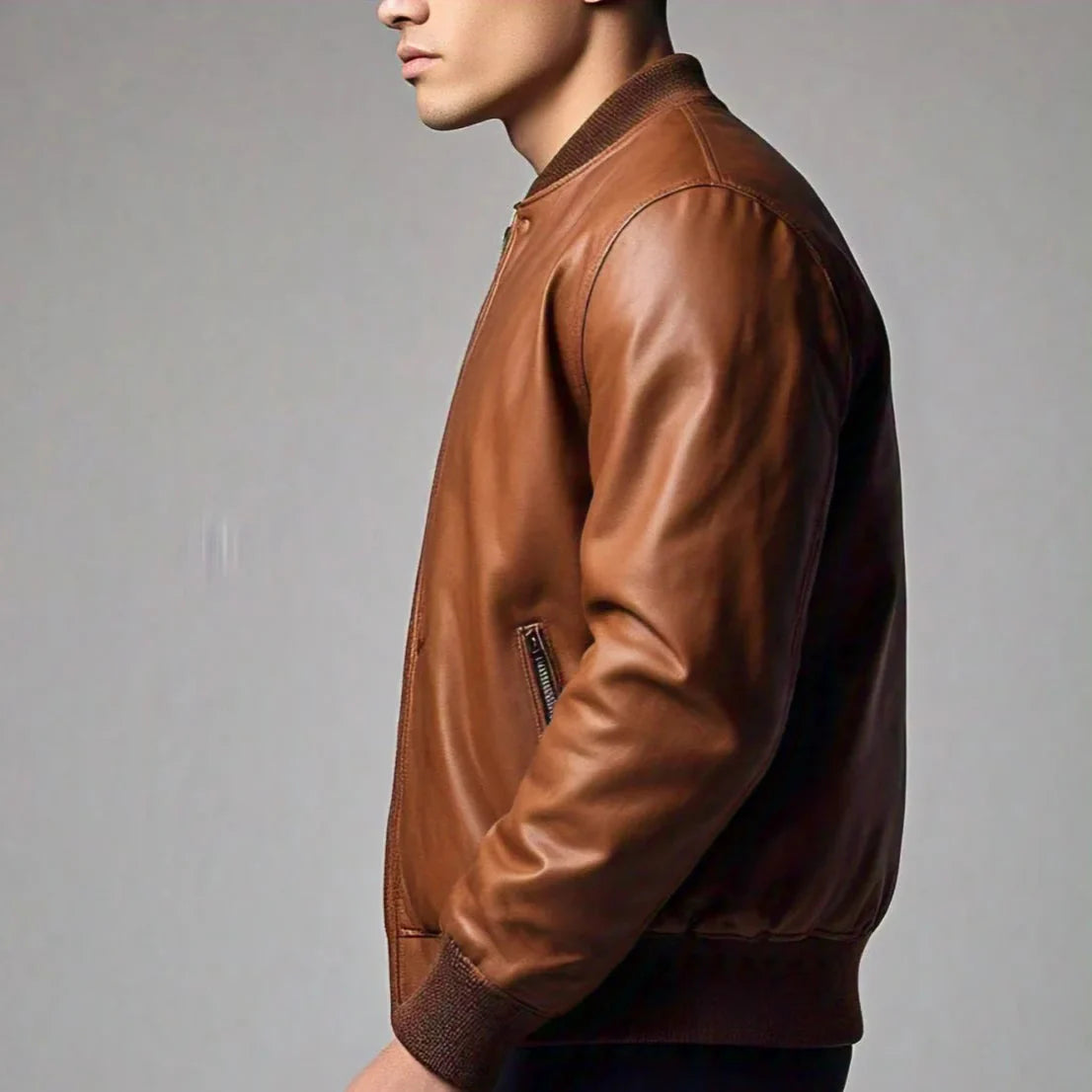 Men's Brown Leather Bomber Jacket | Zipper Pockets