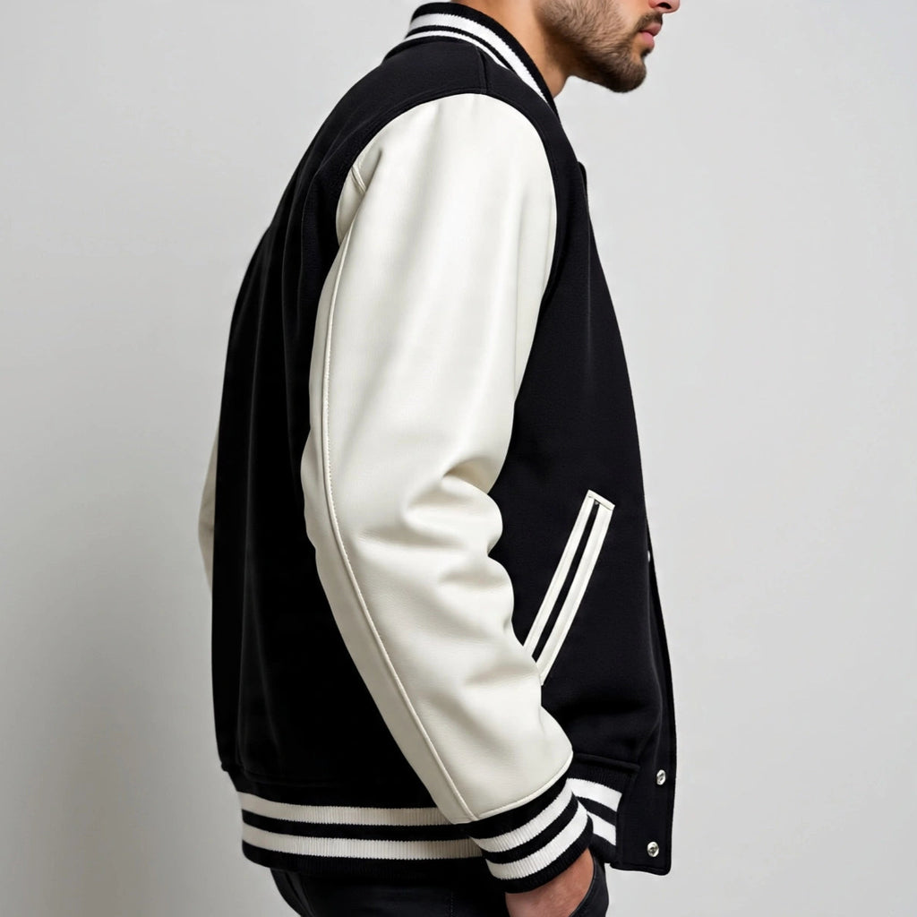 Black and white varsity jacket worn by a person on a gray background