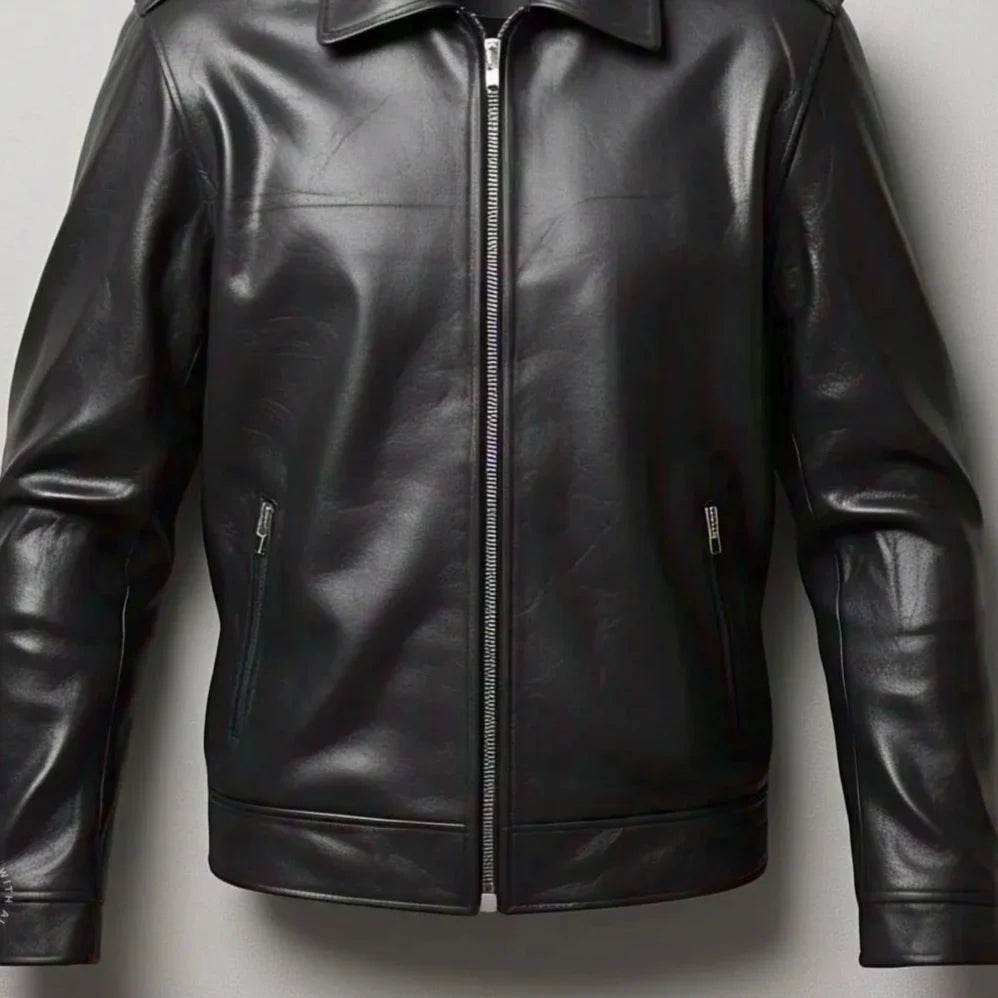 Classic Unisex Black Leather Jacket with Zipper Closure and Dual Pockets - Leathers Wear