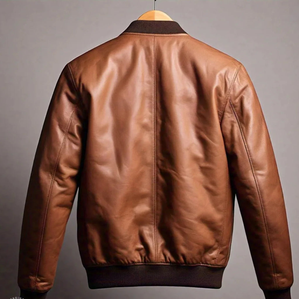 Men's Brown Leather Bomber Jacket | Zipper Pockets