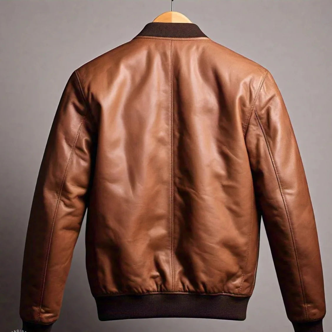 Men's Brown Leather Bomber Jacket | Zipper Pockets