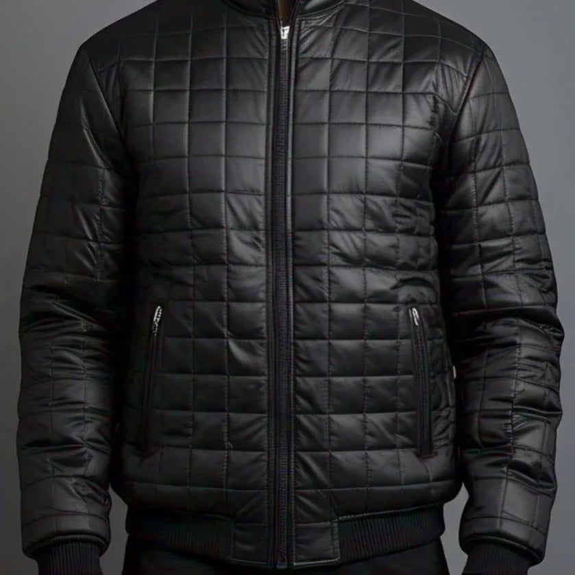 Men's Black Leather Puffer Jacket
