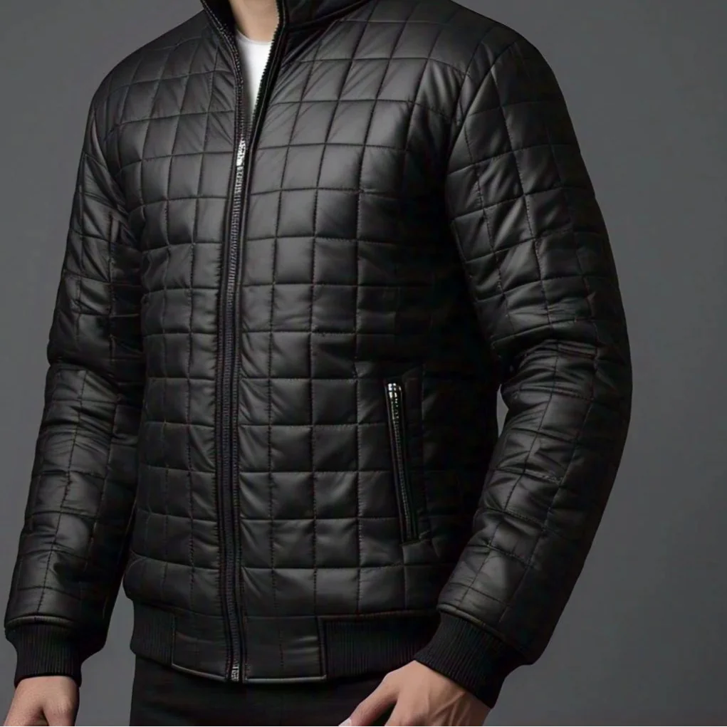 Men's Black Leather Puffer Jacket