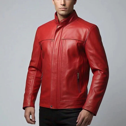Men's Red Leather Jacket with two Zipper Pockets and Snap Collar